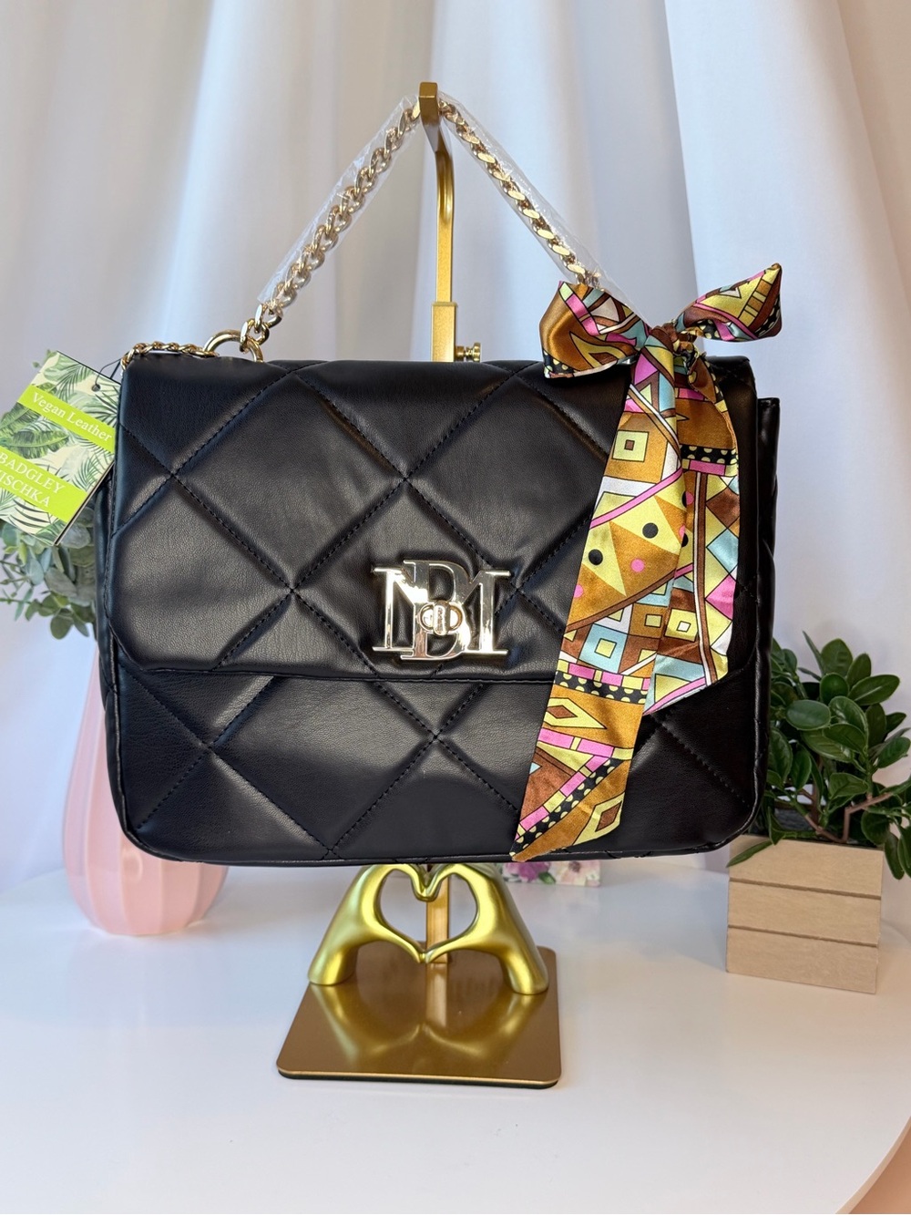 Badgley Mischka Black Quilted Shoulder Bag with Gold Chain and Patterned Scarf
